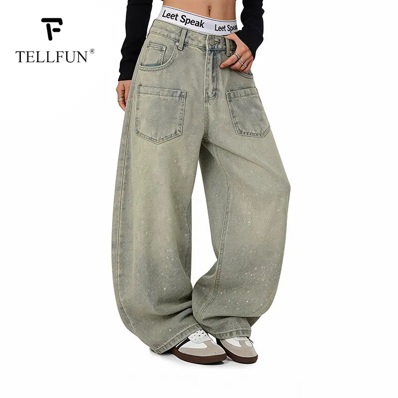 TELLFUN Men'S High-Rise Washed Diamond Denim Jeans, Menswear Baggy Cut Harem Pants, Y2K Streetwear Vintage Casual Wide Leg Trousers, All Seasons Unisex Everyday Wear Valentine’S Day Gift