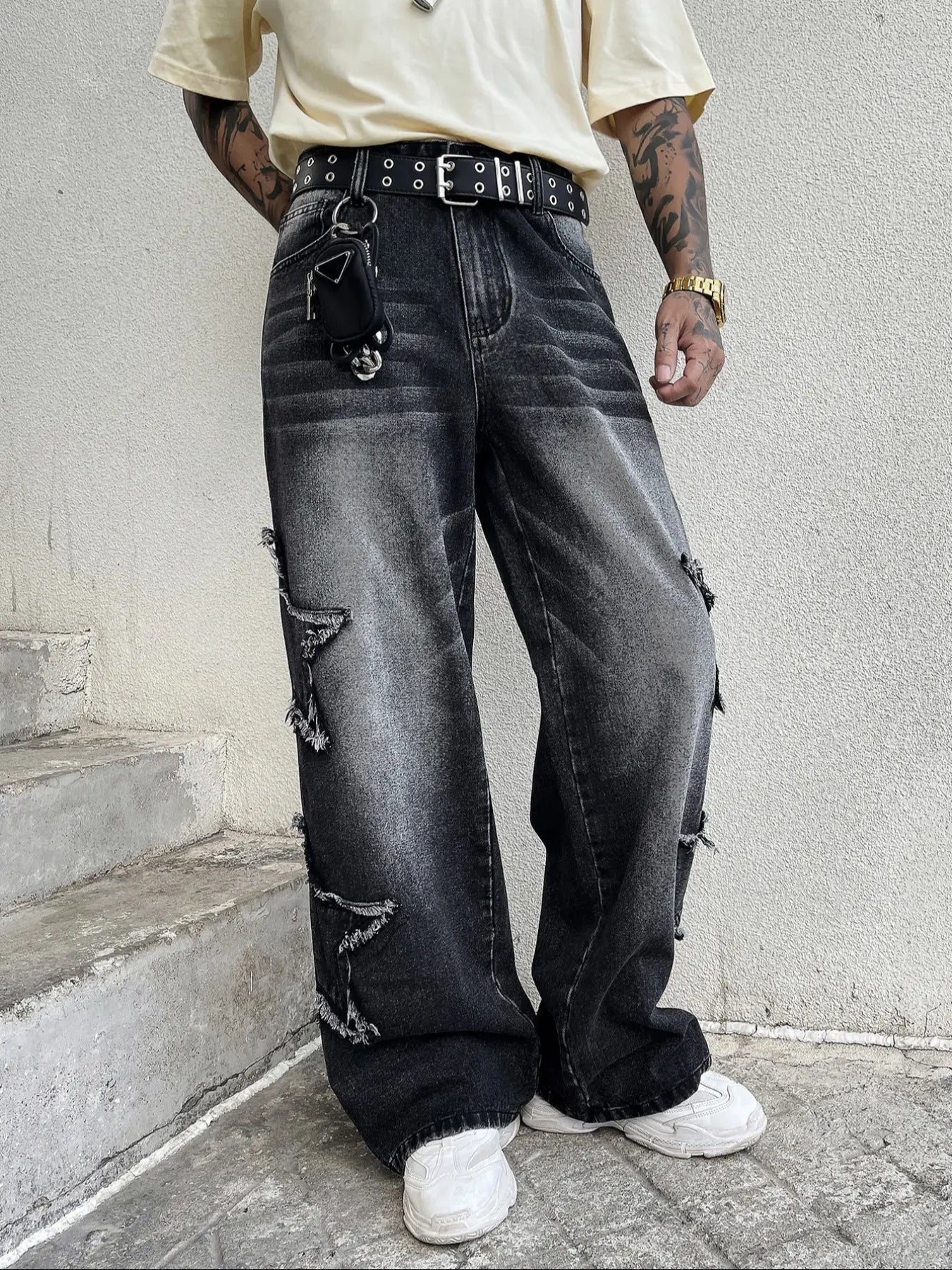 Men'S Washed Star Patch Loose Straight Denim Jeans, Vintage Y2K Streetwear Style, Casual All Seasons, Zipper Fly, Natural Waist, Loose-Fitting