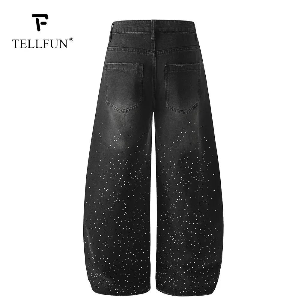 TELLFUN Men'S High-Rise Washed Diamond Denim Jeans, Menswear Baggy Cut Harem Pants, Y2K Streetwear Vintage Casual Wide Leg Trousers, All Seasons Unisex Everyday Wear Valentine’S Day Gift