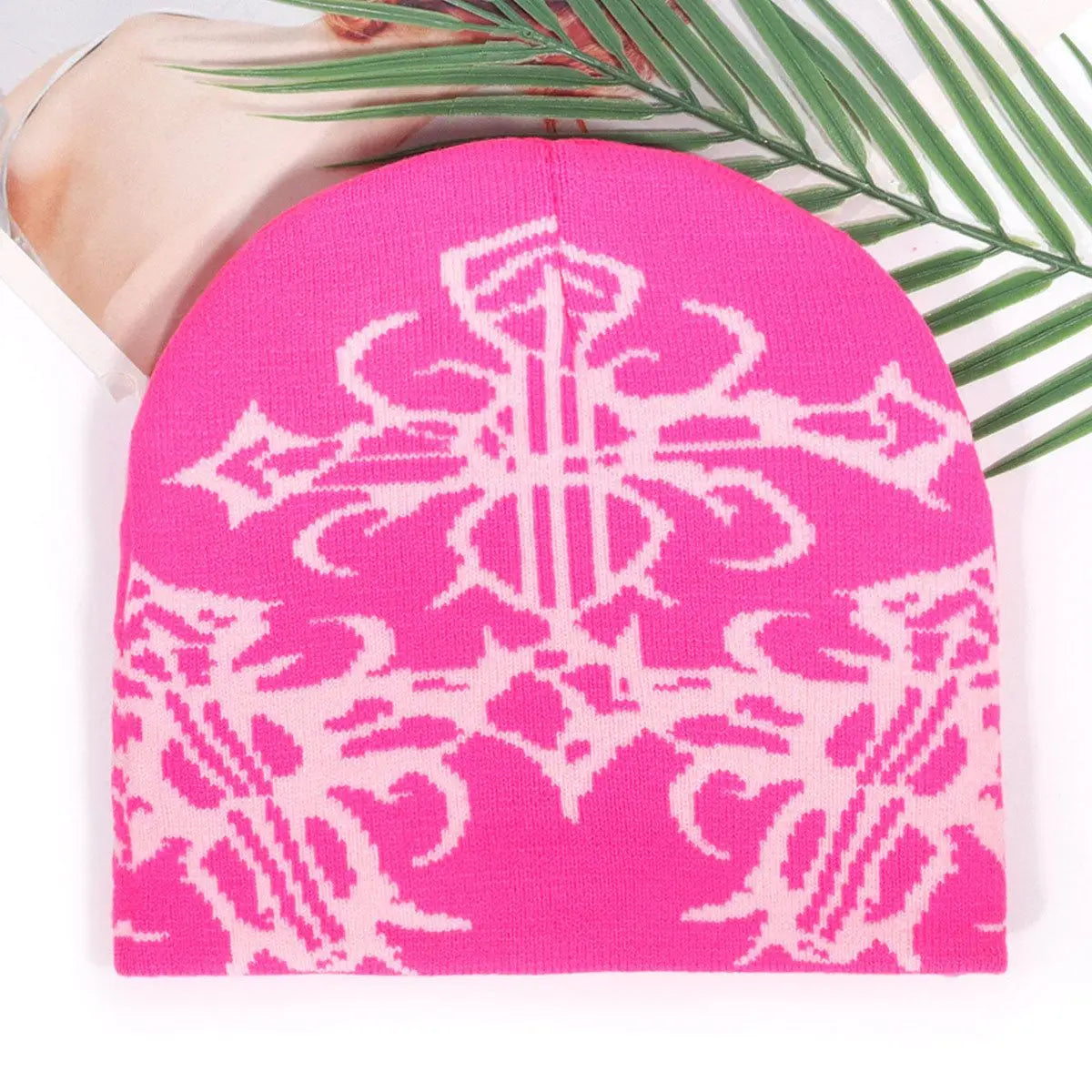 Unisex Fall Winter Beanie Hat Y2K Streetwear Knit Cap with Soft Stretch Fabric Warm Thick Ribbed Design for Outdoor Sports Casual Travel Daily Wear and Cold Weather Outfits Floral Jacquard Print