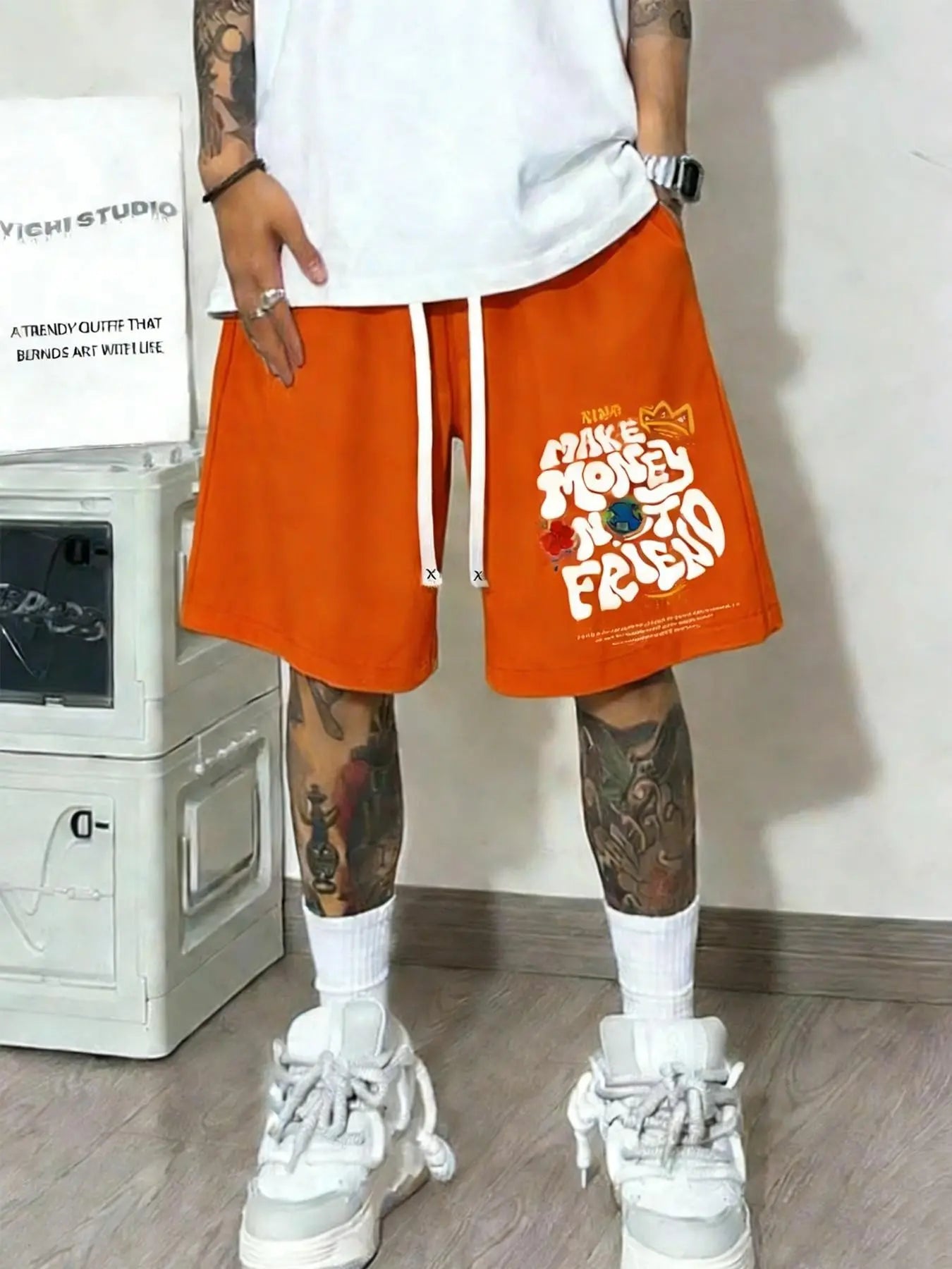 Unisex Washed "Make Money Not Friends" Graphic Shorts | Grey Heavyweight Fleece | Bold Graffiti Print | Double Drawstring Waist & Side Pockets | Y2K Streetwear for Summer Hangouts & Urban Outings | Viral Edgy Bottoms