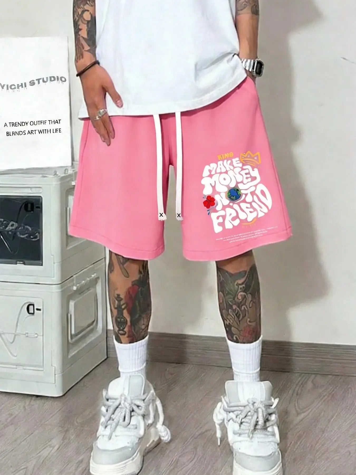 Unisex Washed "Make Money Not Friends" Graphic Shorts | Grey Heavyweight Fleece | Bold Graffiti Print | Double Drawstring Waist & Side Pockets | Y2K Streetwear for Summer Hangouts & Urban Outings | Viral Edgy Bottoms