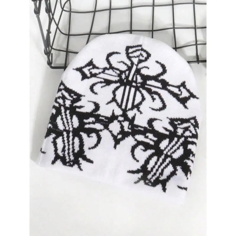 Unisex Fall Winter Beanie Hat Y2K Streetwear Knit Cap with Soft Stretch Fabric Warm Thick Ribbed Design for Outdoor Sports Casual Travel Daily Wear and Cold Weather Outfits Floral Jacquard Print