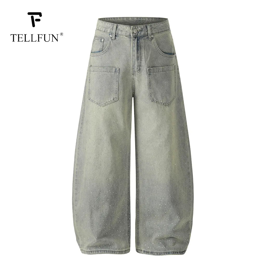 TELLFUN Men'S High-Rise Washed Diamond Denim Jeans, Menswear Baggy Cut Harem Pants, Y2K Streetwear Vintage Casual Wide Leg Trousers, All Seasons Unisex Everyday Wear Valentine’S Day Gift