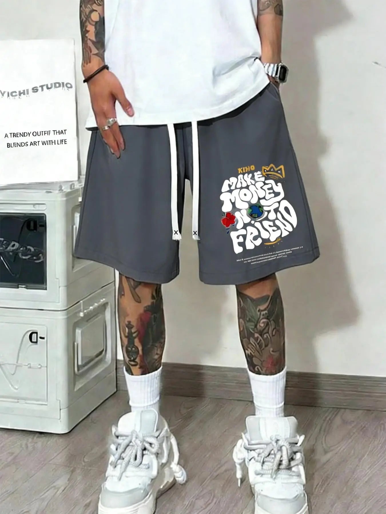 Unisex Washed "Make Money Not Friends" Graphic Shorts | Grey Heavyweight Fleece | Bold Graffiti Print | Double Drawstring Waist & Side Pockets | Y2K Streetwear for Summer Hangouts & Urban Outings | Viral Edgy Bottoms