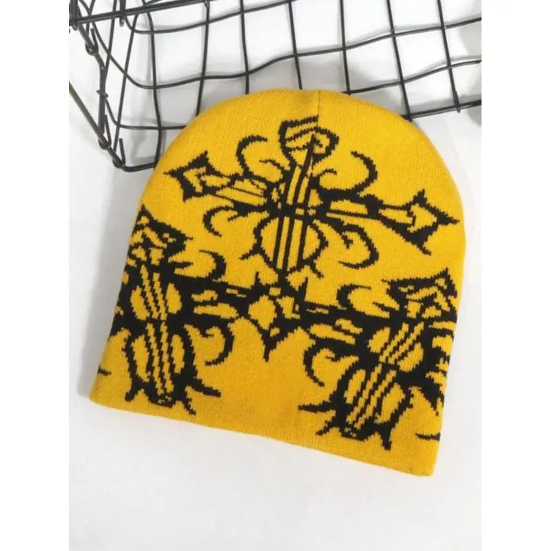 Unisex Fall Winter Beanie Hat Y2K Streetwear Knit Cap with Soft Stretch Fabric Warm Thick Ribbed Design for Outdoor Sports Casual Travel Daily Wear and Cold Weather Outfits Floral Jacquard Print