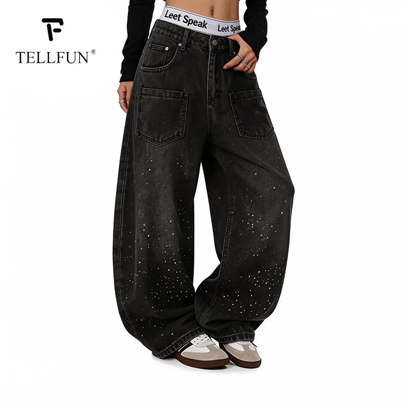 TELLFUN Men'S High-Rise Washed Diamond Denim Jeans, Menswear Baggy Cut Harem Pants, Y2K Streetwear Vintage Casual Wide Leg Trousers, All Seasons Unisex Everyday Wear Valentine’S Day Gift