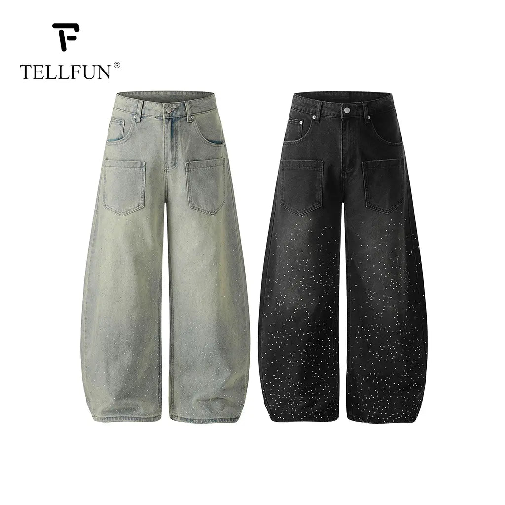 TELLFUN Men'S High-Rise Washed Diamond Denim Jeans, Menswear Baggy Cut Harem Pants, Y2K Streetwear Vintage Casual Wide Leg Trousers, All Seasons Unisex Everyday Wear Valentine’S Day Gift