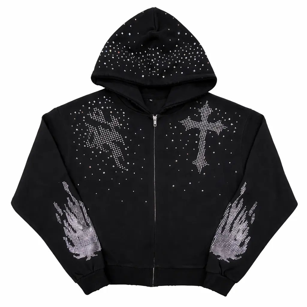 Black Rhinestone Zip up Hoodie - Oversized Y2K Vintage Streetwear Unisex