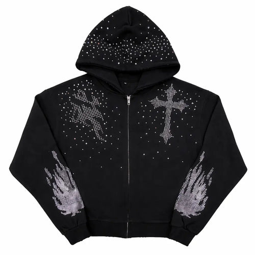 Black Rhinestone Zip up Hoodie - Oversized Y2K Vintage Streetwear Unisex