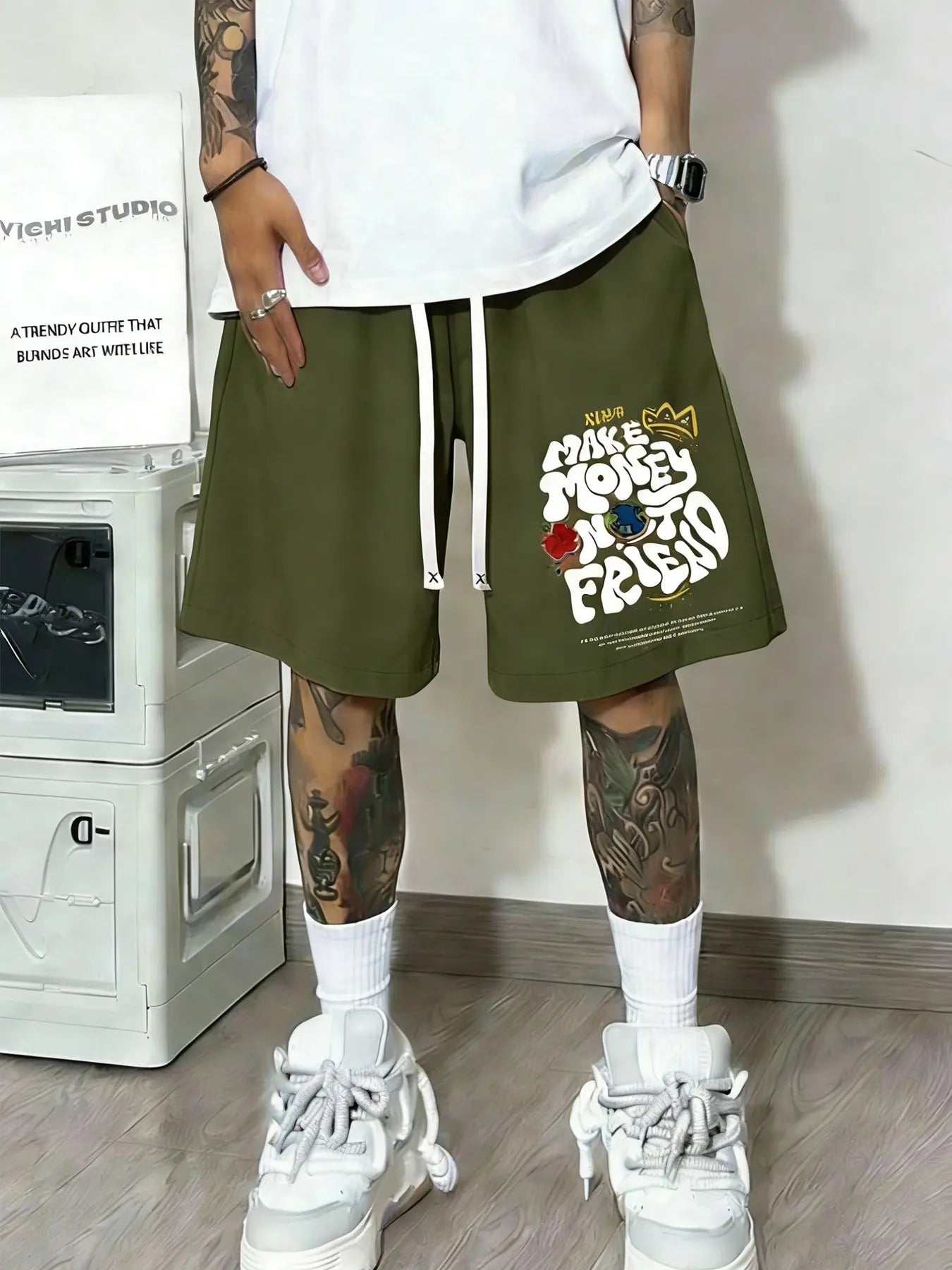 Unisex Washed "Make Money Not Friends" Graphic Shorts | Grey Heavyweight Fleece | Bold Graffiti Print | Double Drawstring Waist & Side Pockets | Y2K Streetwear for Summer Hangouts & Urban Outings | Viral Edgy Bottoms