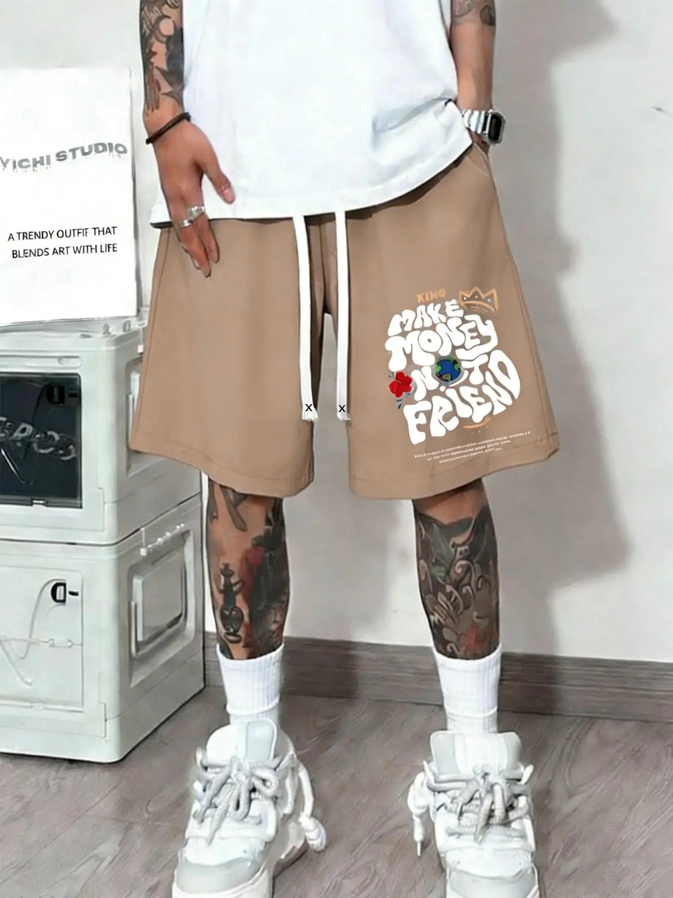 Unisex Washed "Make Money Not Friends" Graphic Shorts | Grey Heavyweight Fleece | Bold Graffiti Print | Double Drawstring Waist & Side Pockets | Y2K Streetwear for Summer Hangouts & Urban Outings | Viral Edgy Bottoms