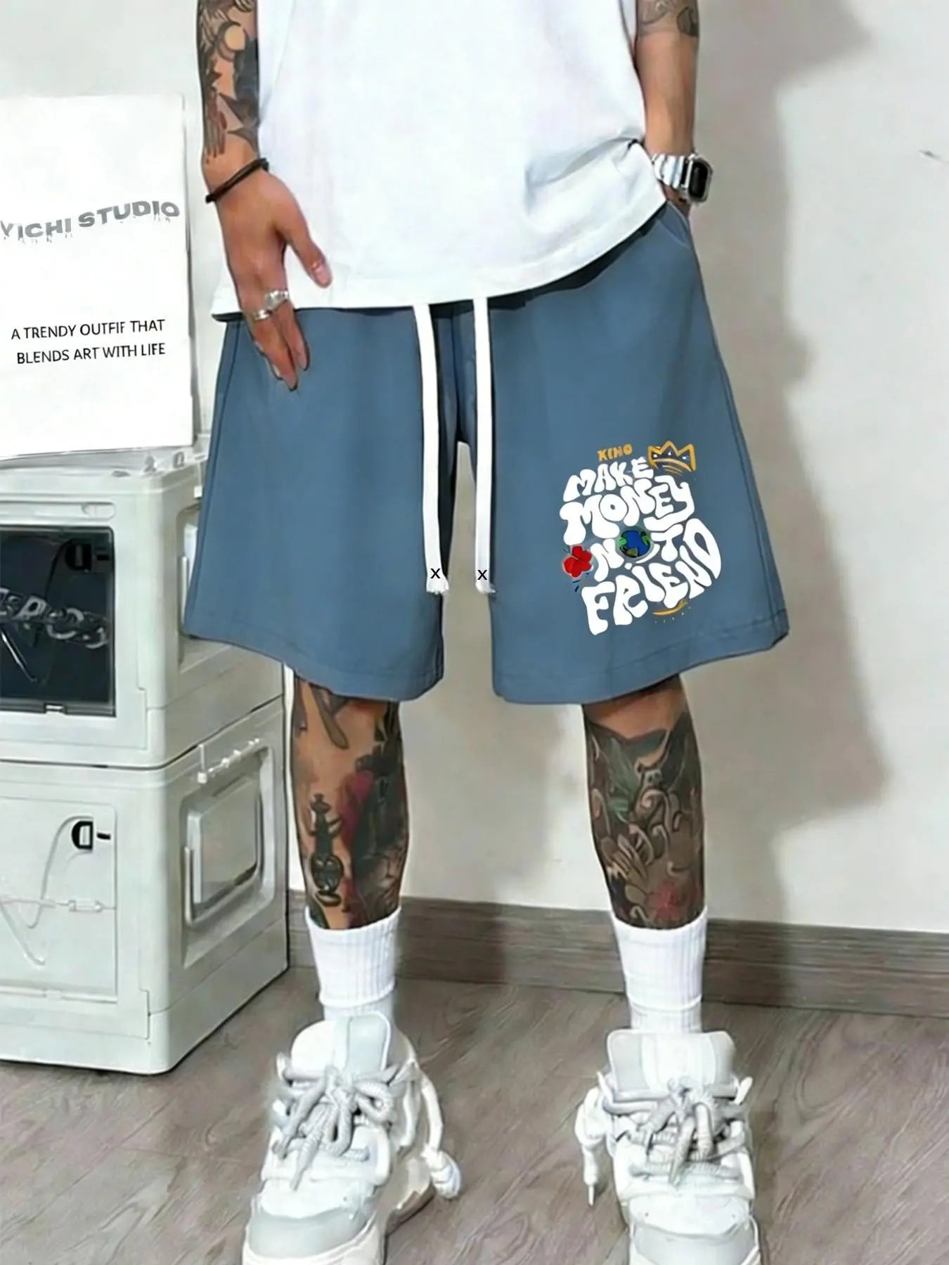 Unisex Washed "Make Money Not Friends" Graphic Shorts | Grey Heavyweight Fleece | Bold Graffiti Print | Double Drawstring Waist & Side Pockets | Y2K Streetwear for Summer Hangouts & Urban Outings | Viral Edgy Bottoms