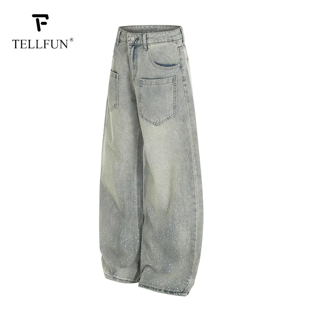 TELLFUN Men'S High-Rise Washed Diamond Denim Jeans, Menswear Baggy Cut Harem Pants, Y2K Streetwear Vintage Casual Wide Leg Trousers, All Seasons Unisex Everyday Wear Valentine’S Day Gift
