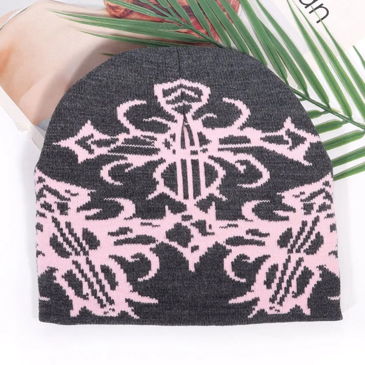 Unisex Fall Winter Beanie Hat Y2K Streetwear Knit Cap with Soft Stretch Fabric Warm Thick Ribbed Design for Outdoor Sports Casual Travel Daily Wear and Cold Weather Outfits Floral Jacquard Print