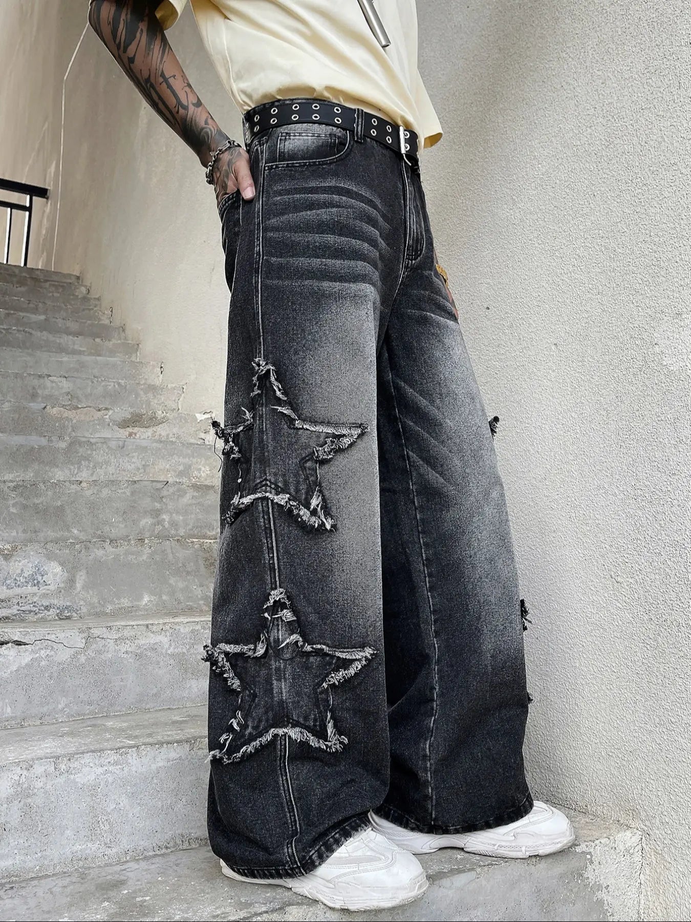 Men'S Washed Star Patch Loose Straight Denim Jeans, Vintage Y2K Streetwear Style, Casual All Seasons, Zipper Fly, Natural Waist, Loose-Fitting