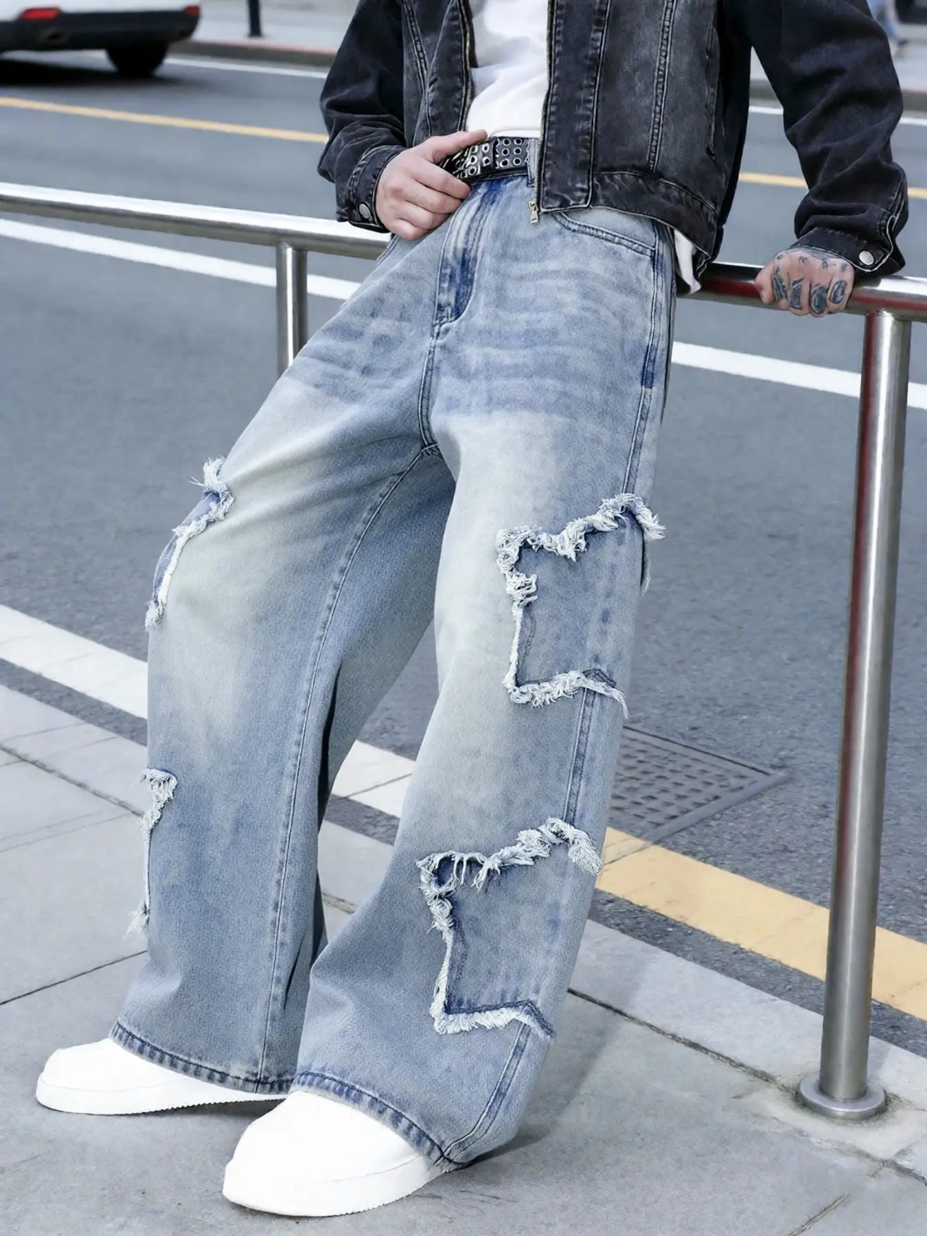 Men'S Washed Star Patch Loose Straight Denim Jeans, Vintage Y2K Streetwear Style, Casual All Seasons, Zipper Fly, Natural Waist, Loose-Fitting