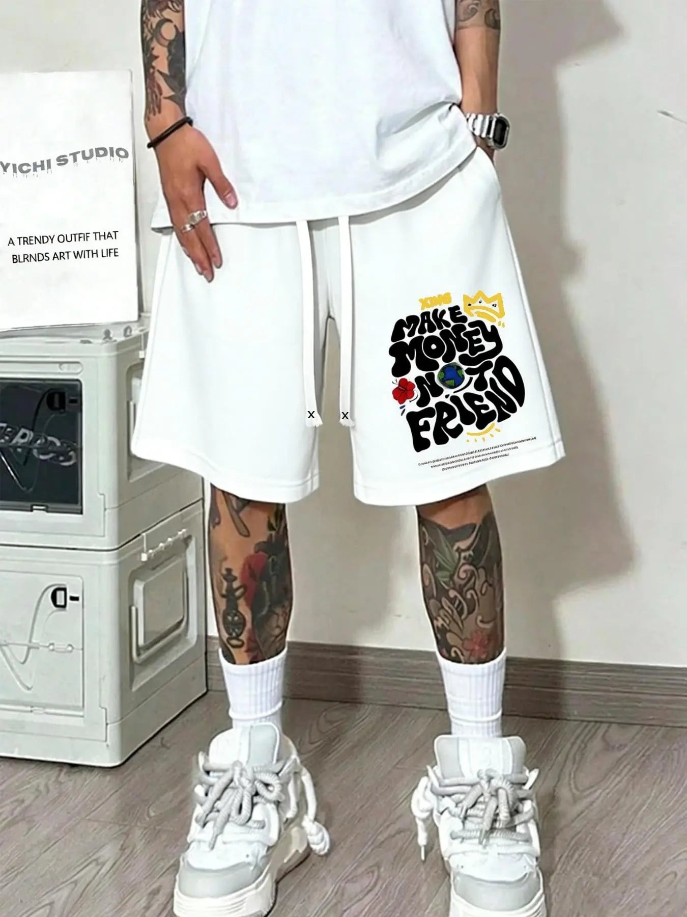 Unisex Washed "Make Money Not Friends" Graphic Shorts | Grey Heavyweight Fleece | Bold Graffiti Print | Double Drawstring Waist & Side Pockets | Y2K Streetwear for Summer Hangouts & Urban Outings | Viral Edgy Bottoms