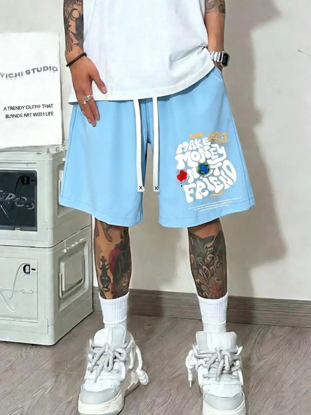 Unisex Washed "Make Money Not Friends" Graphic Shorts | Grey Heavyweight Fleece | Bold Graffiti Print | Double Drawstring Waist & Side Pockets | Y2K Streetwear for Summer Hangouts & Urban Outings | Viral Edgy Bottoms