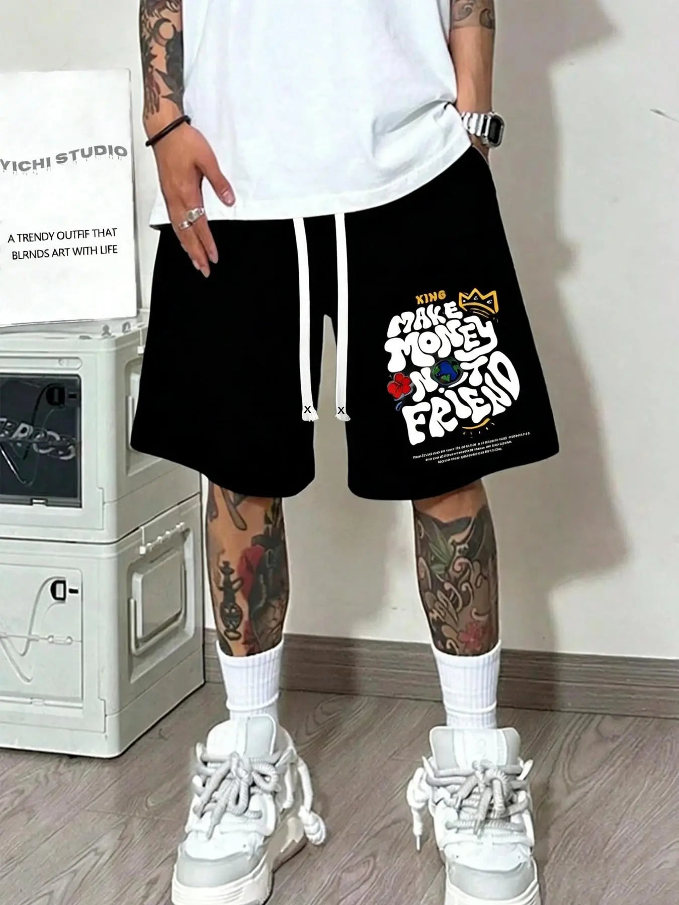 Unisex Washed "Make Money Not Friends" Graphic Shorts | Grey Heavyweight Fleece | Bold Graffiti Print | Double Drawstring Waist & Side Pockets | Y2K Streetwear for Summer Hangouts & Urban Outings | Viral Edgy Bottoms