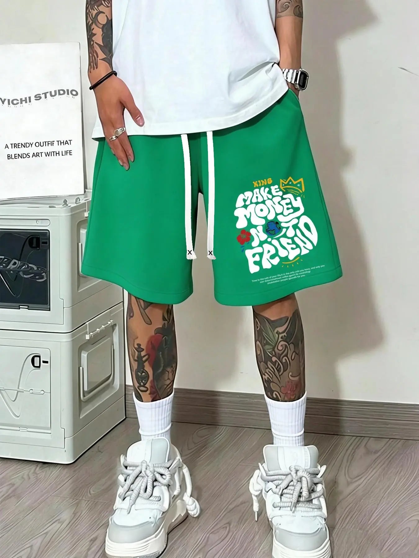 Unisex Washed "Make Money Not Friends" Graphic Shorts | Grey Heavyweight Fleece | Bold Graffiti Print | Double Drawstring Waist & Side Pockets | Y2K Streetwear for Summer Hangouts & Urban Outings | Viral Edgy Bottoms