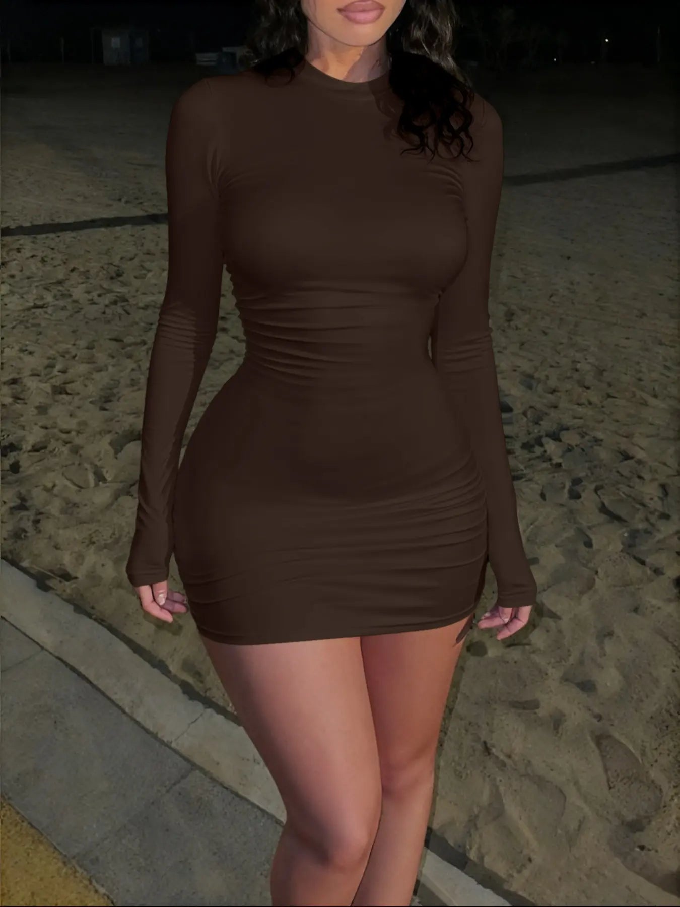 Bodycon Mini Dress Long Sleeve Slim Fit Women White Short Dress Crew Neck Solid Color Sexy Tight Club Party Outfit Y2K Streetwear Casual Fashion Evening Cocktail Dress