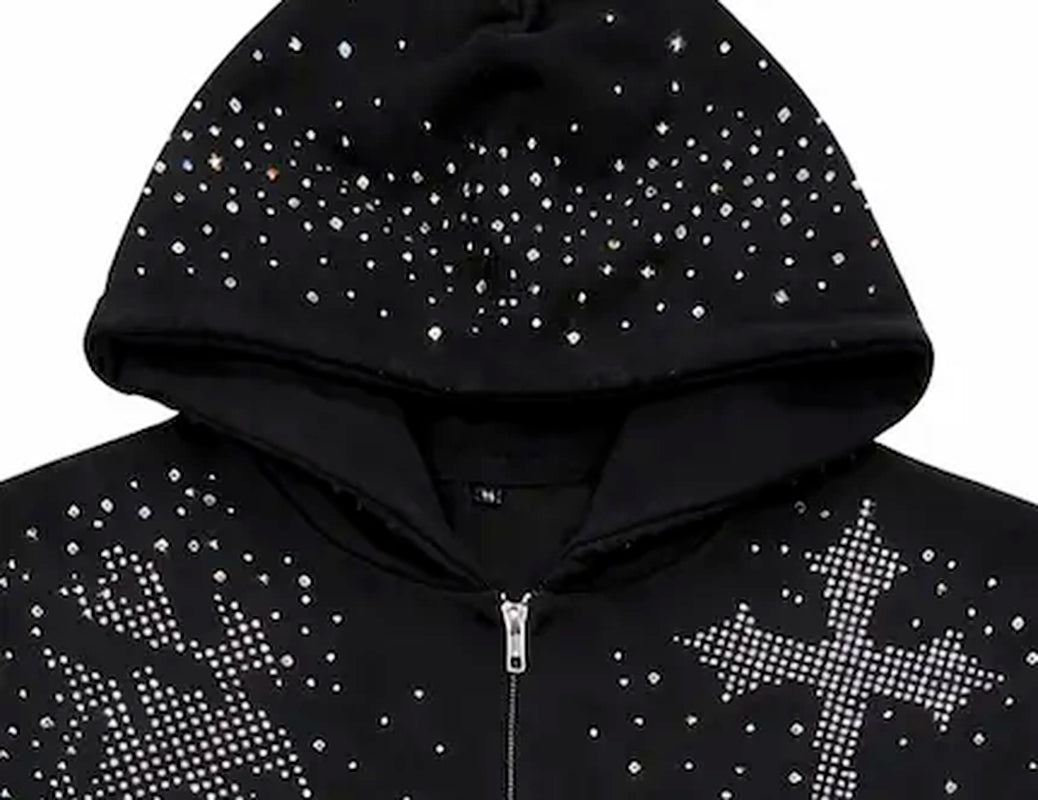 Black Rhinestone Zip up Hoodie - Oversized Y2K Vintage Streetwear Unisex