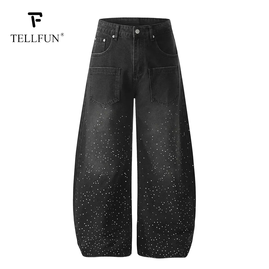 TELLFUN Men'S High-Rise Washed Diamond Denim Jeans, Menswear Baggy Cut Harem Pants, Y2K Streetwear Vintage Casual Wide Leg Trousers, All Seasons Unisex Everyday Wear Valentine’S Day Gift