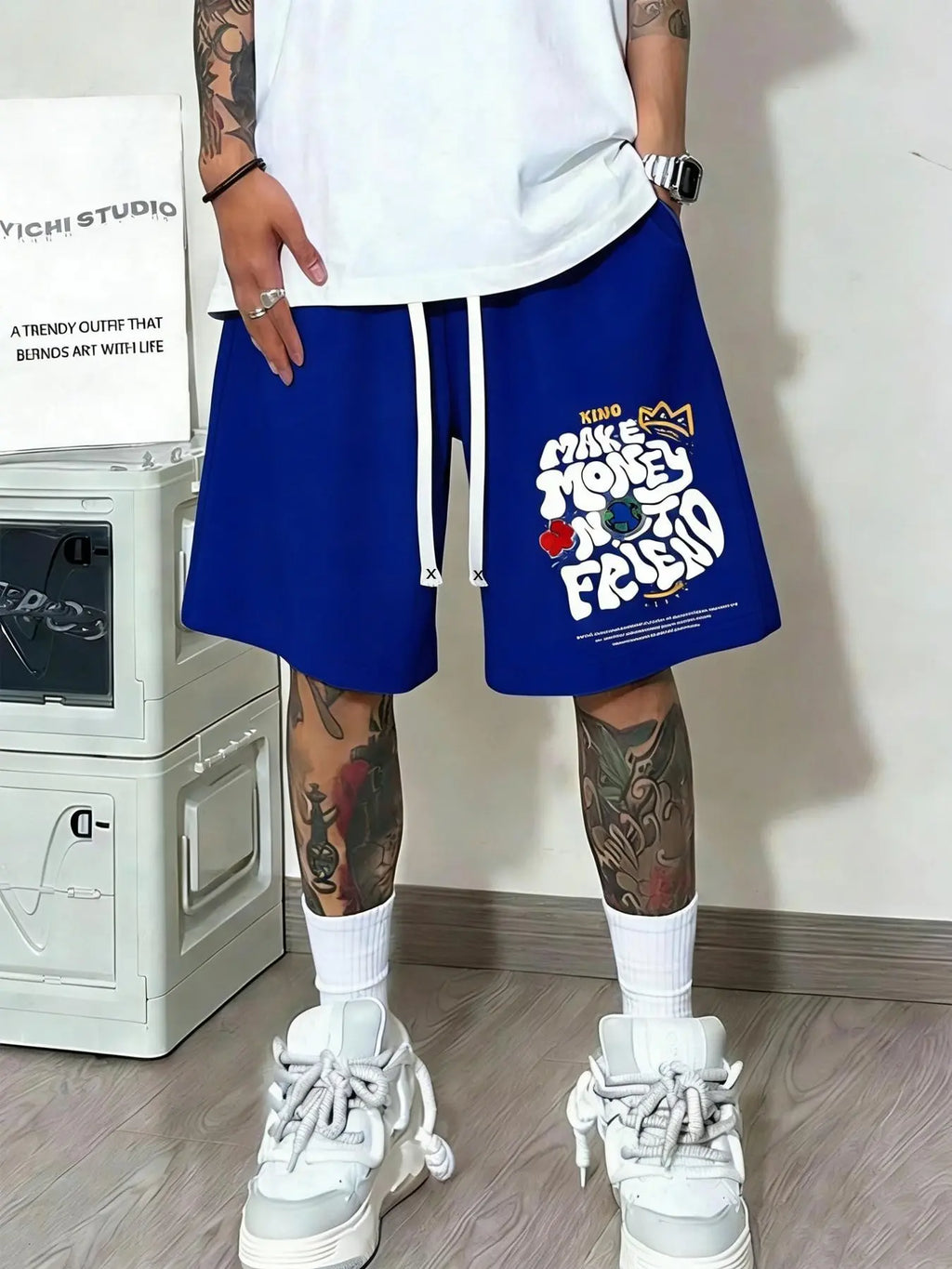 Unisex Washed "Make Money Not Friends" Graphic Shorts | Grey Heavyweight Fleece | Bold Graffiti Print | Double Drawstring Waist & Side Pockets | Y2K Streetwear for Summer Hangouts & Urban Outings | Viral Edgy Bottoms