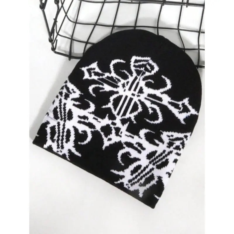 Unisex Fall Winter Beanie Hat Y2K Streetwear Knit Cap with Soft Stretch Fabric Warm Thick Ribbed Design for Outdoor Sports Casual Travel Daily Wear and Cold Weather Outfits Floral Jacquard Print
