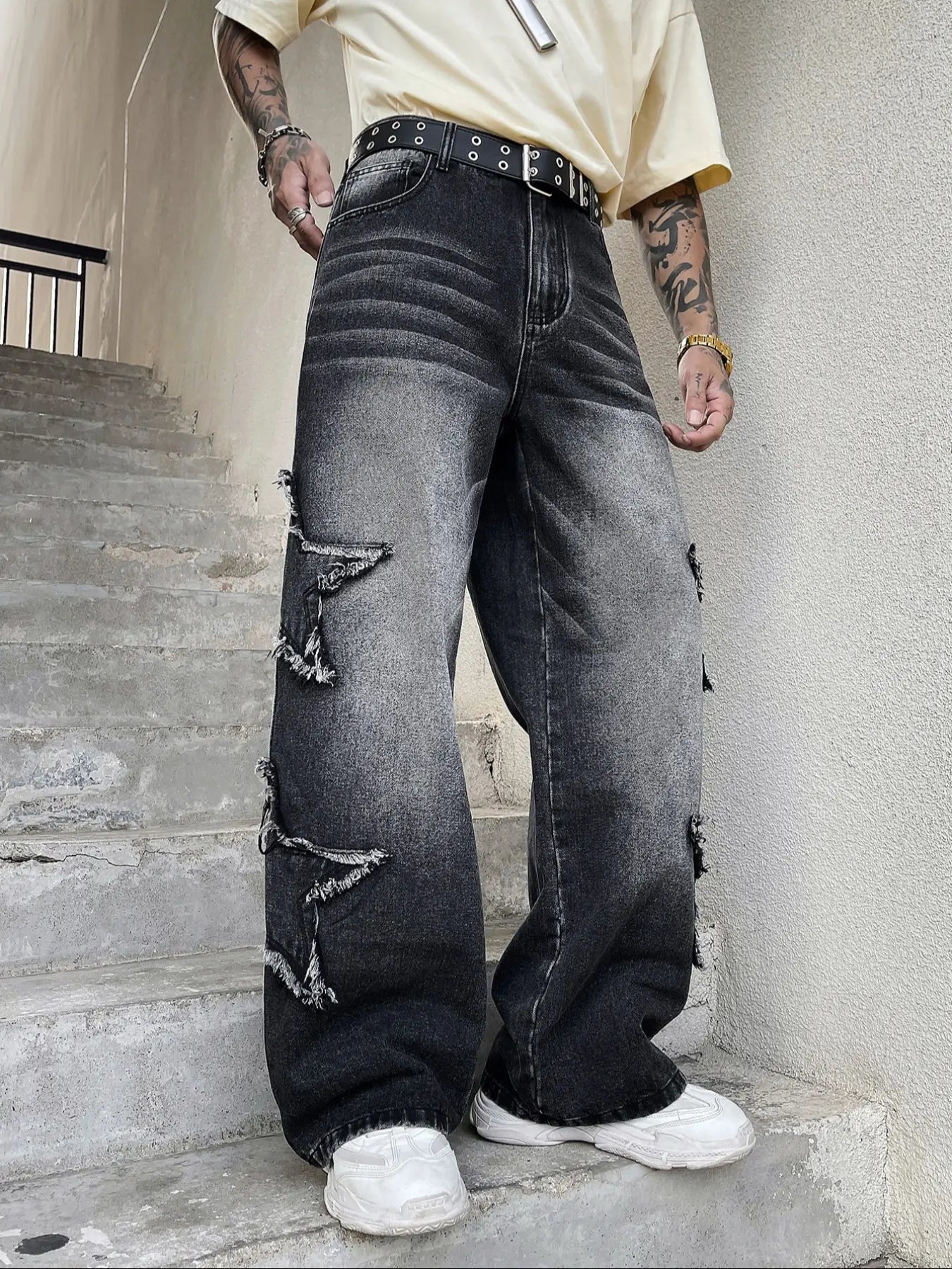 Men'S Washed Star Patch Loose Straight Denim Jeans, Vintage Y2K Streetwear Style, Casual All Seasons, Zipper Fly, Natural Waist, Loose-Fitting