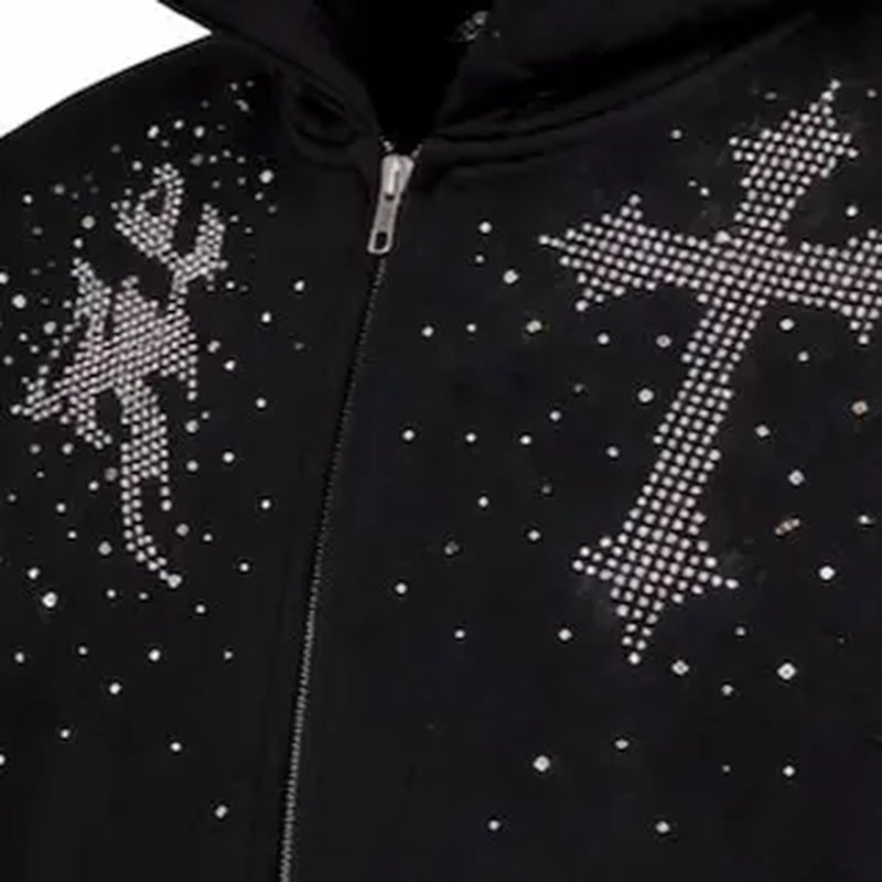 Black Rhinestone Zip up Hoodie - Oversized Y2K Vintage Streetwear Unisex