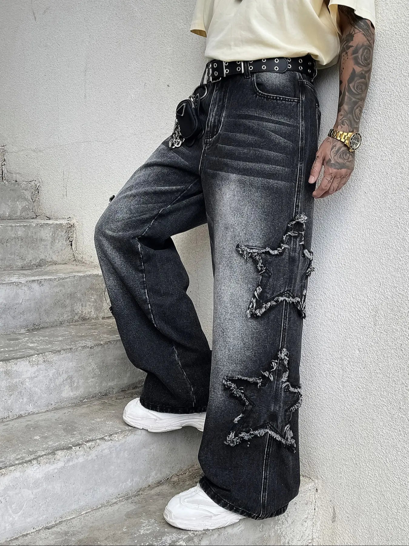 Men'S Washed Star Patch Loose Straight Denim Jeans, Vintage Y2K Streetwear Style, Casual All Seasons, Zipper Fly, Natural Waist, Loose-Fitting