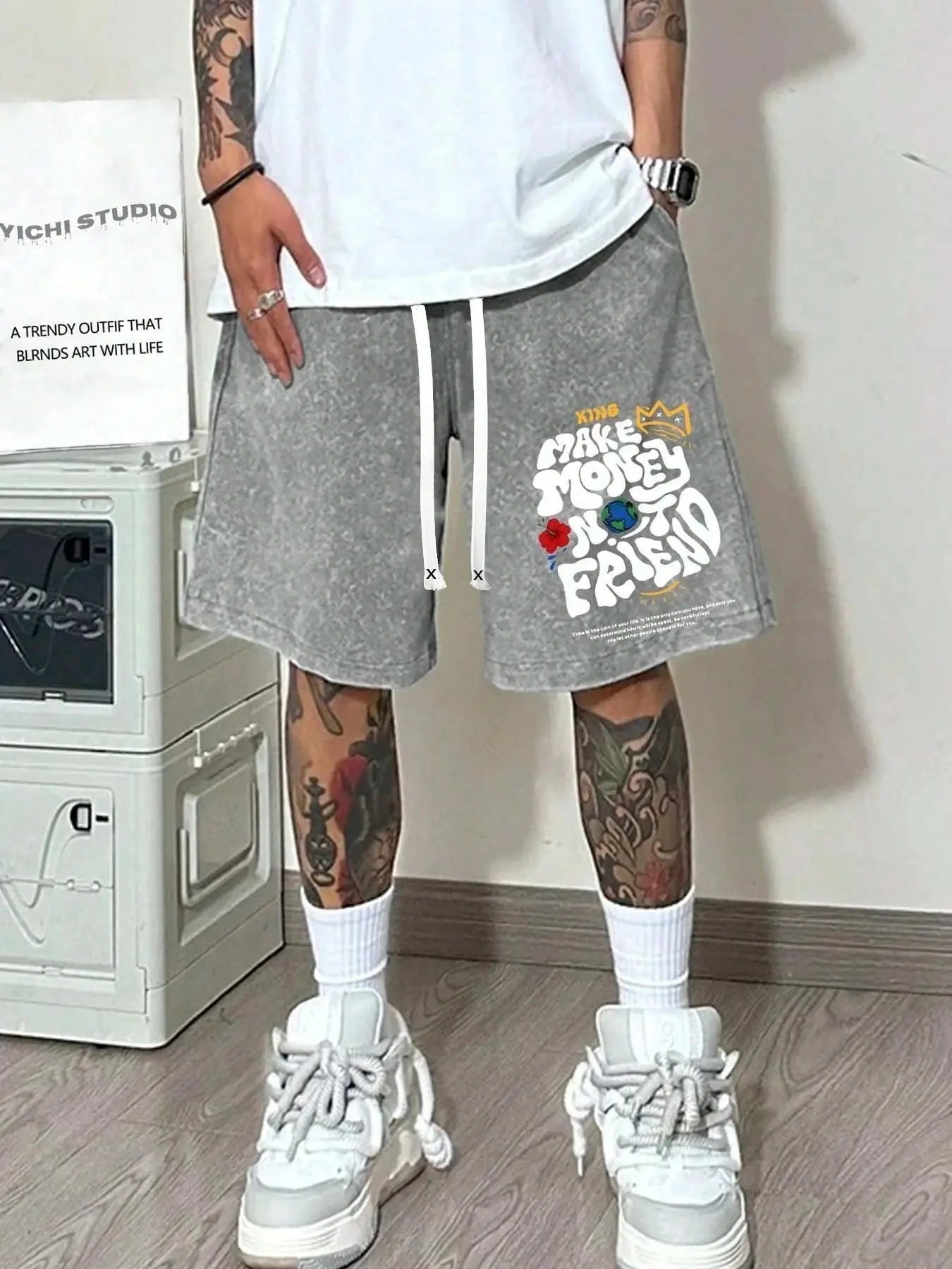 Unisex Washed "Make Money Not Friends" Graphic Shorts | Grey Heavyweight Fleece | Bold Graffiti Print | Double Drawstring Waist & Side Pockets | Y2K Streetwear for Summer Hangouts & Urban Outings | Viral Edgy Bottoms